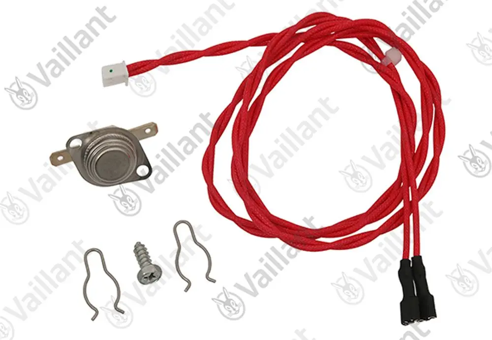 Vaillant Temperaturfühler mit Kabel, zwei Steckverbindungen, ein Montageschraube und zwei Halterungen. Komponenten für Heizungsanlagen.